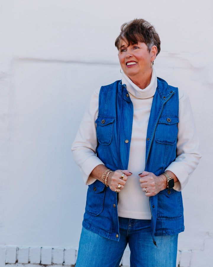 Multiples: (Chocolate Angel) Snap & Hidden Zip Denim Vest in Indigo M45304VM