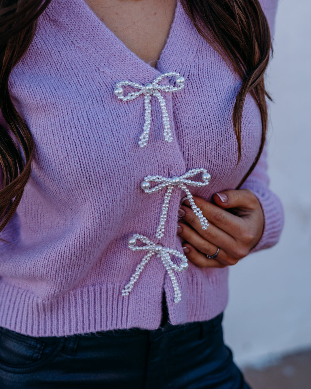 Design History: V-Neck Gem Bow Cardi in Lilac Snow