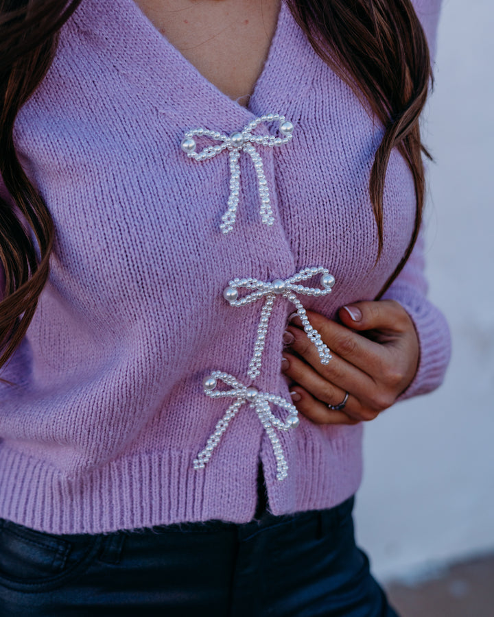 Design History: V-Neck Gem Bow Cardi in Lilac Snow