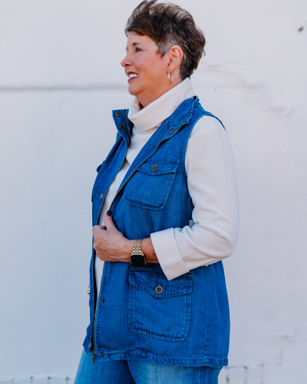 Multiples: (Chocolate Angel) Snap & Hidden Zip Denim Vest in Indigo M45304VM