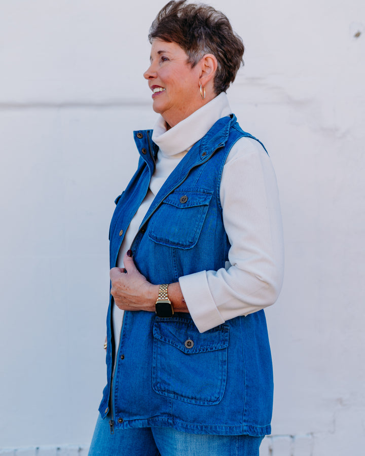 Multiples: (Chocolate Angel) Snap & Hidden Zip Denim Vest in Indigo M45304VM