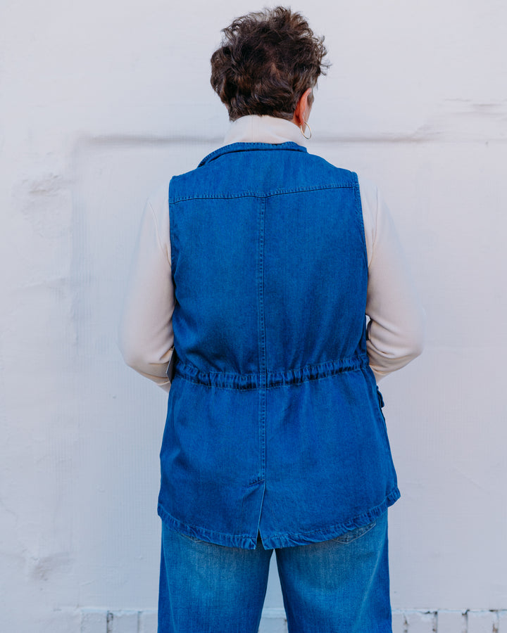 Multiples: (Chocolate Angel) Snap & Hidden Zip Denim Vest in Indigo M45304VM
