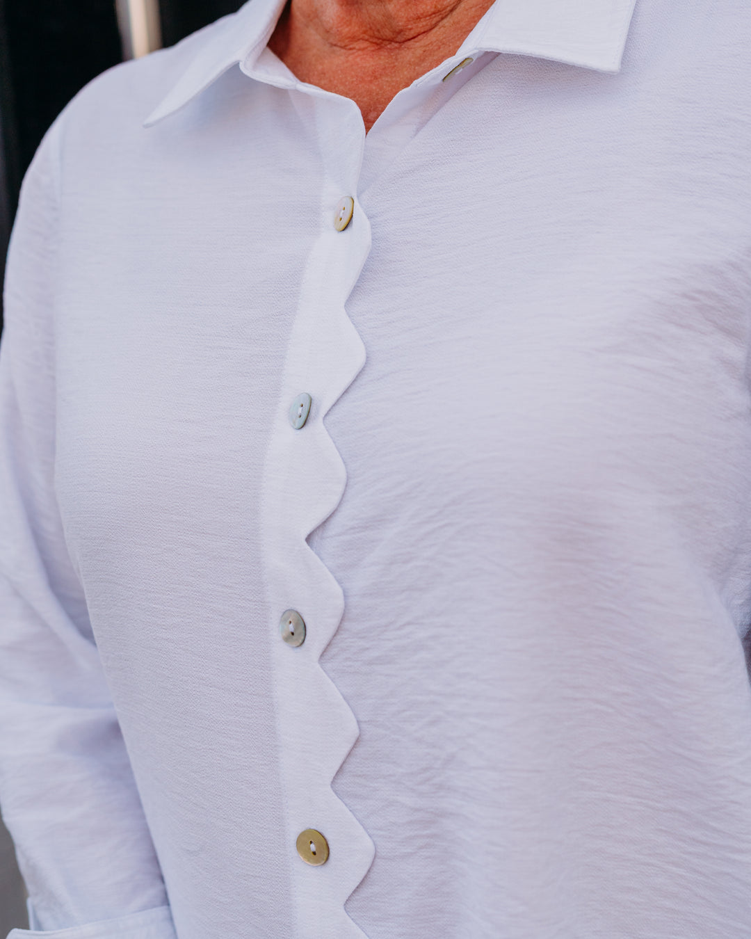 Multiples: Turn-Up Cuff 3/4 Sleeve Scallop Button Front Shirt in White (M26211BM)