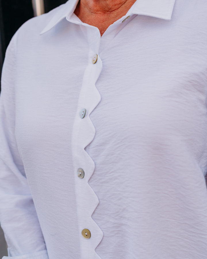 Multiples: Turn-Up Cuff 3/4 Sleeve Scallop Button Front Shirt in White (M26211BM)