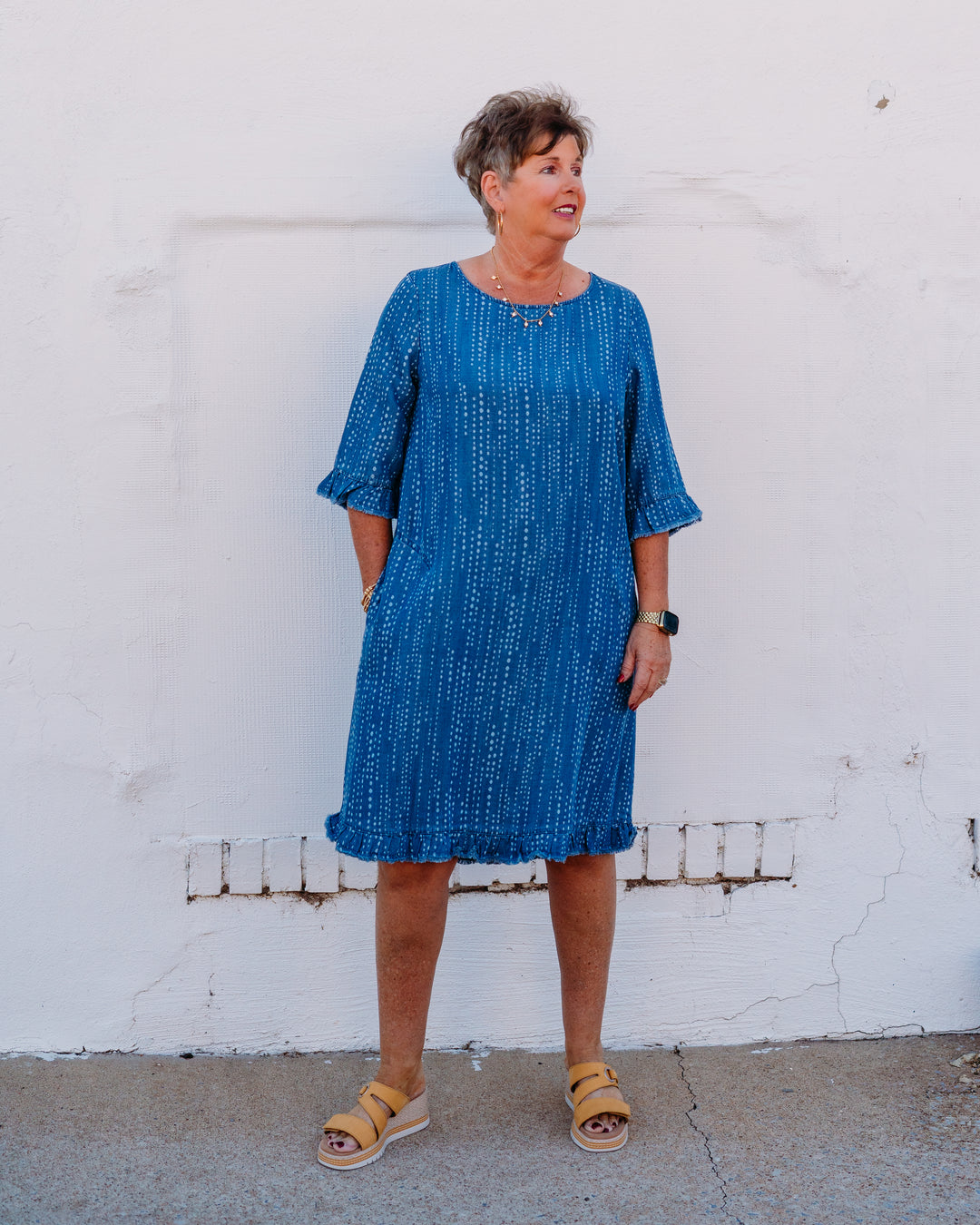 Multiples: Elbow Sleeve Scoop Neck Ruffle Hem Botton Back Woven Dress in Denim print (M36311DM)
