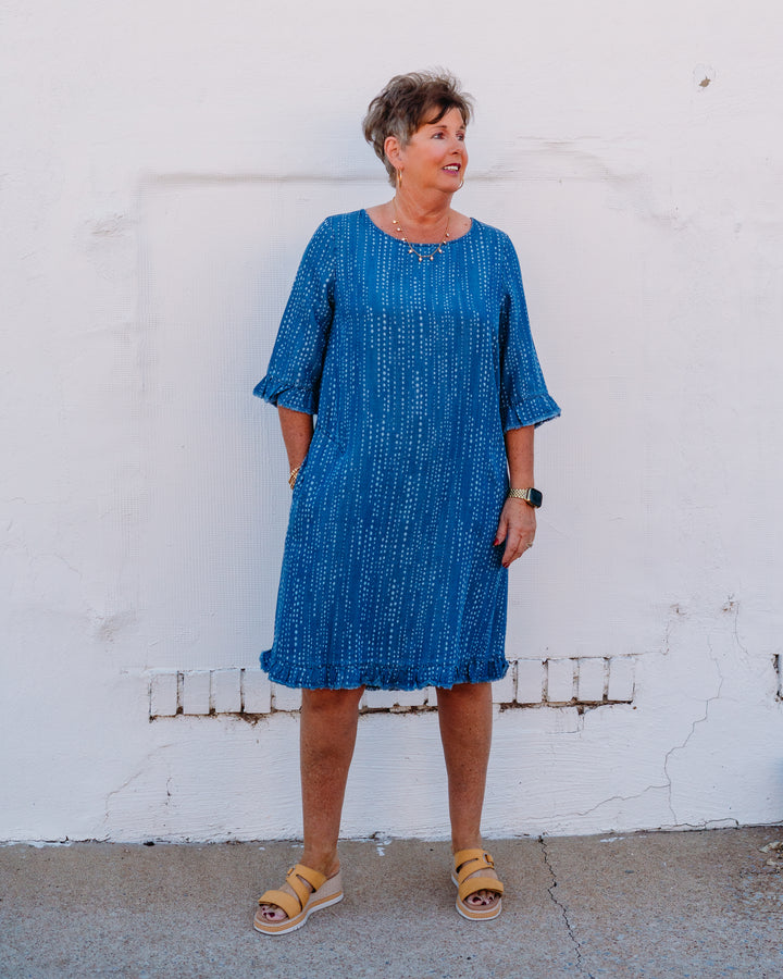 Multiples: Elbow Sleeve Scoop Neck Ruffle Hem Botton Back Woven Dress in Denim print (M36311DM)