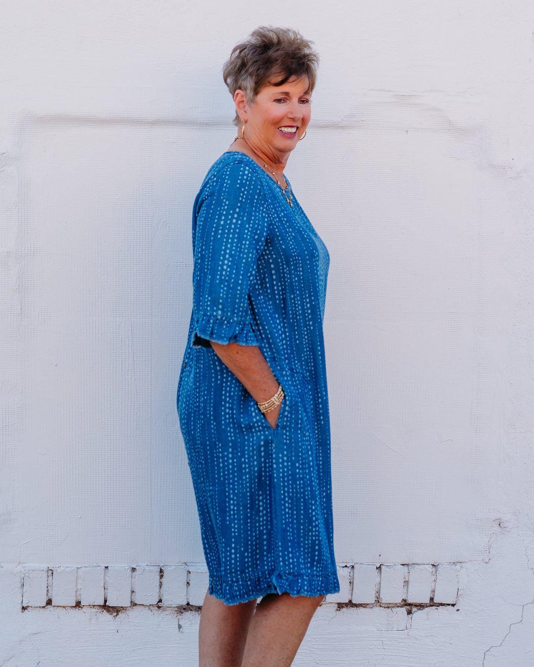 blue elbow sleeve dress MIALEIGH ELBOW SLEEVE LINEN DRESS