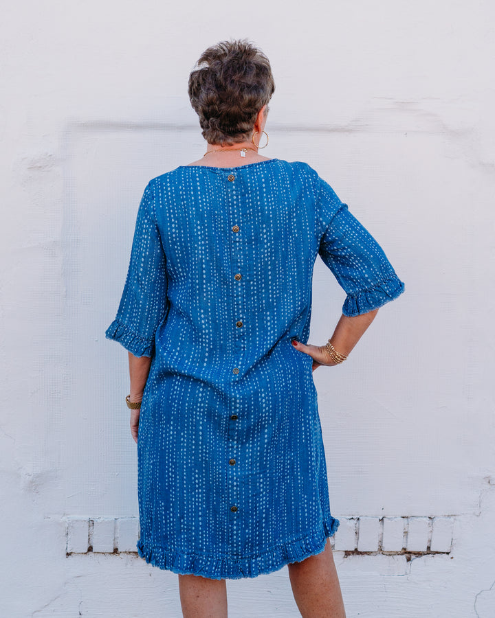 Multiples: Elbow Sleeve Scoop Neck Ruffle Hem Botton Back Woven Dress in Denim print (M36311DM)