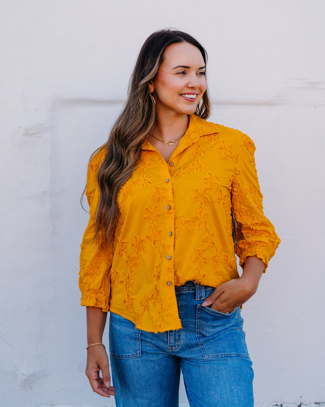 Multiples: 3/4 Puff Sleeve Botton Front Hi-Lo Shirt W/Strip Y-Trim in Golden Rod (M36304BM)
