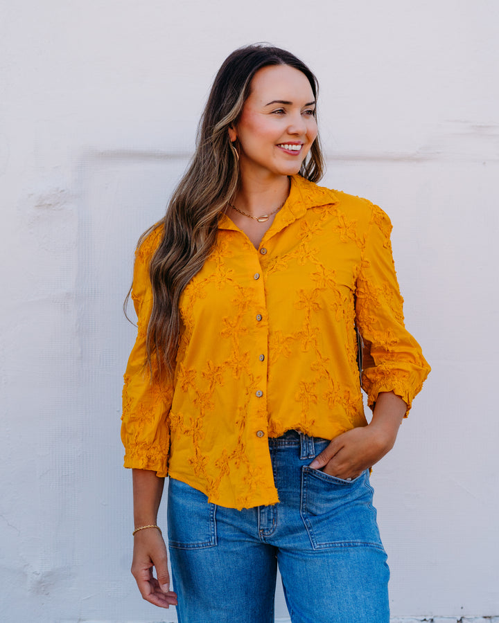 Multiples: 3/4 Puff Sleeve Botton Front Hi-Lo Shirt W/Strip Y-Trim in Golden Rod (M36304BM)