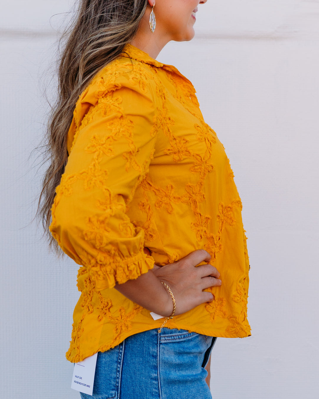Multiples: 3/4 Puff Sleeve Botton Front Hi-Lo Shirt W/Strip Y-Trim in Golden Rod (M36304BM)