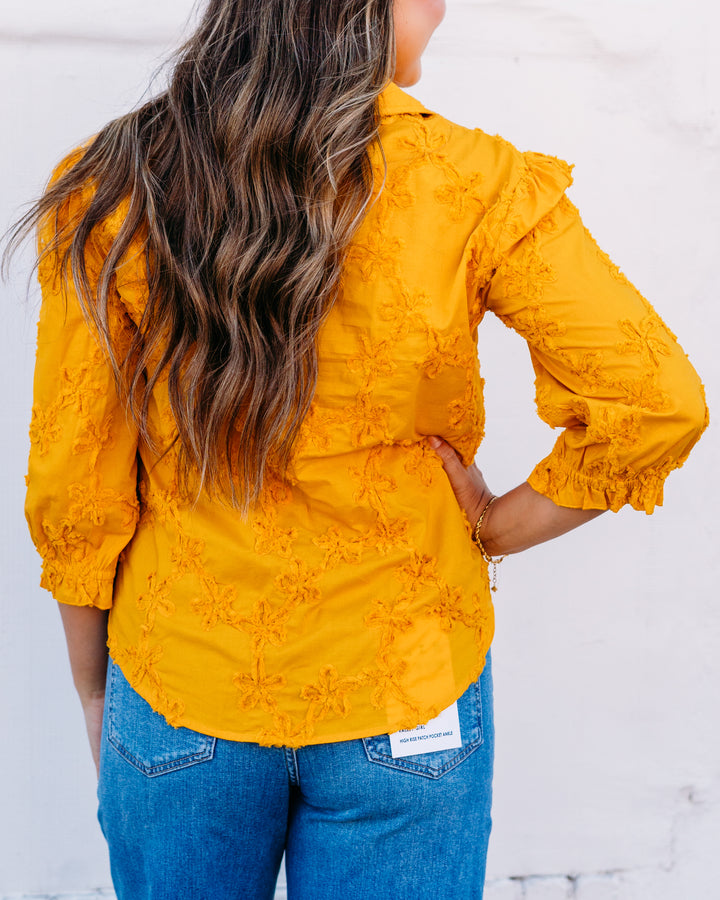 Multiples: 3/4 Puff Sleeve Botton Front Hi-Lo Shirt W/Strip Y-Trim in Golden Rod (M36304BM)