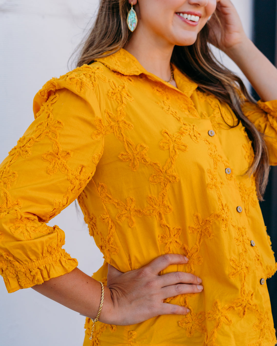 Multiples: 3/4 Puff Sleeve Botton Front Hi-Lo Shirt W/Strip Y-Trim in Golden Rod (M36304BM)