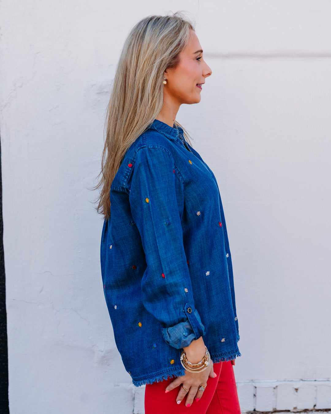 Multiples: Roll Tab Cuffed Long Sleeve Drop Shoulder Y-Neck Botton Front Woven Shirt in Multi (M36301BM)