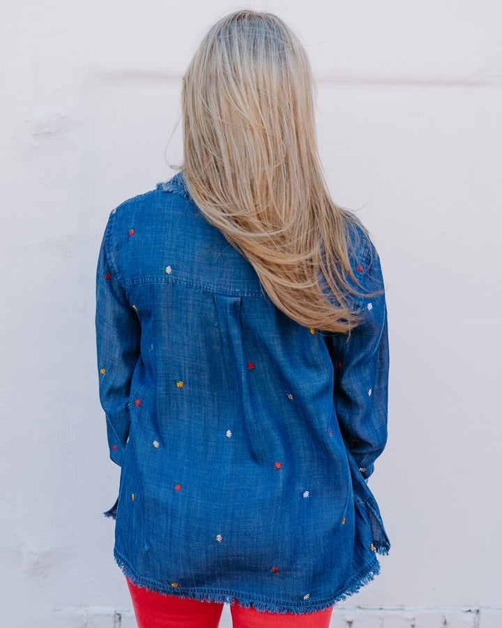 Multiples: Roll Tab Cuffed Long Sleeve Drop Shoulder Y-Neck Botton Front Woven Shirt in Multi (M36301BM)