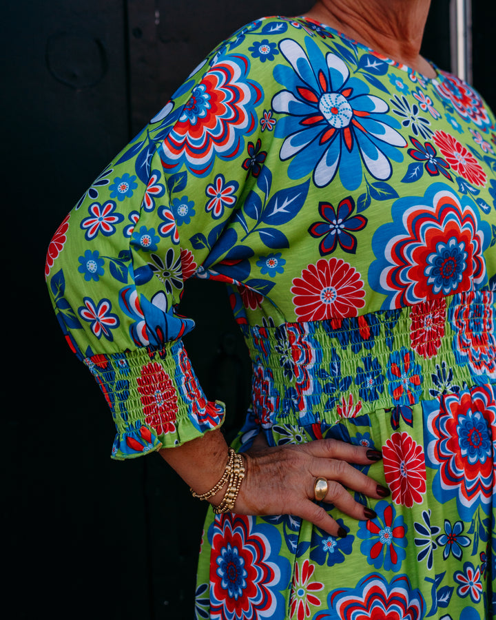 Multiples: Elbow Dolman Sleeve Wide Neck Multi-Needle Waist Dress in Multi (M26212DM)