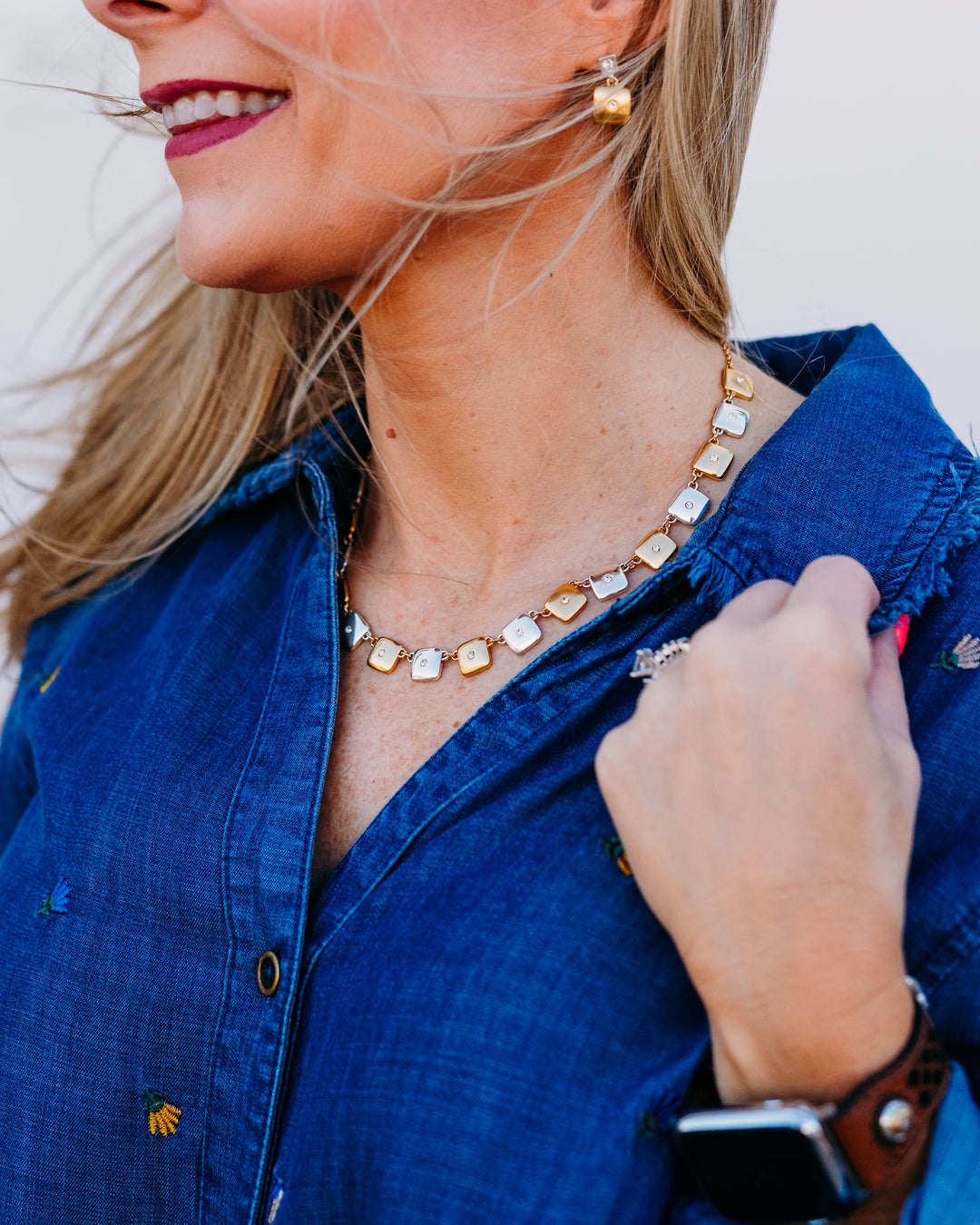 Multiples: Roll Tab Cuffed Long Sleeve Drop Shoulder Y-Neck Botton Front Woven Shirt in Multi (M36301BM)