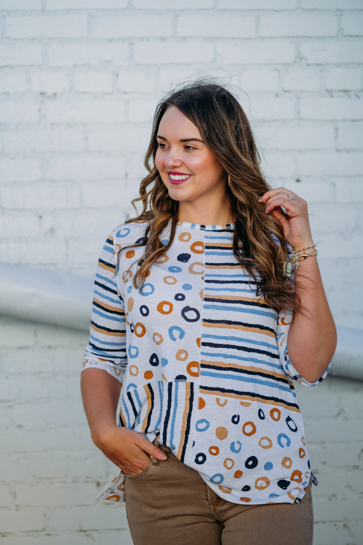Multiples: 3/4 Sleeve Scoop Neck Multi Panel Top M15311TM