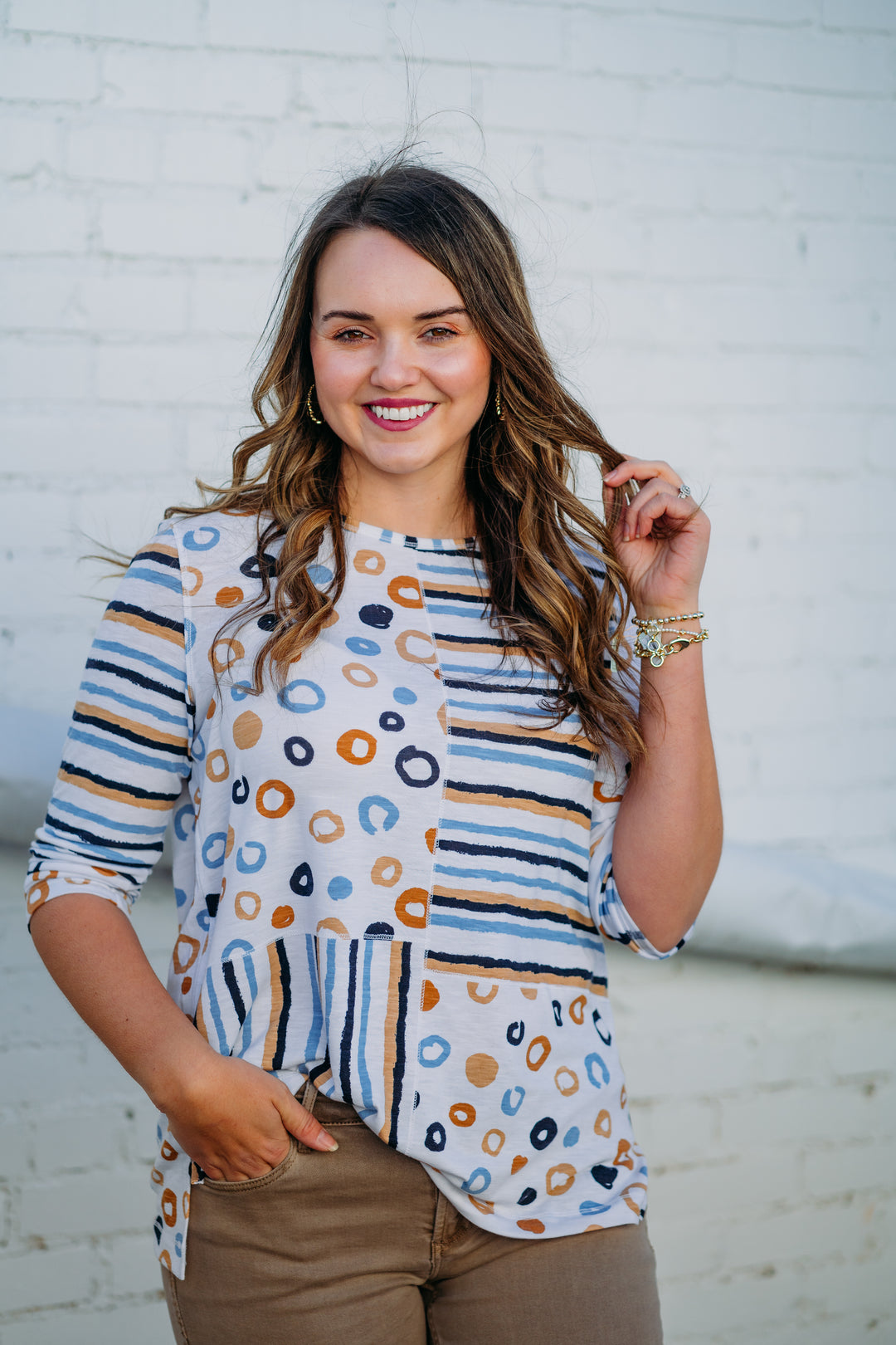 Multiples: 3/4 Sleeve Scoop Neck Multi Panel Top M15311TM
