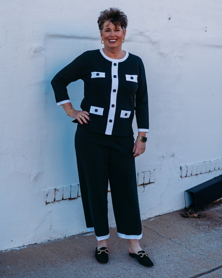 Multiples: 3/4 Sleeve Wide Neck Faux Button Front Faux Jacket Sweater Top in Black (M16105KM)