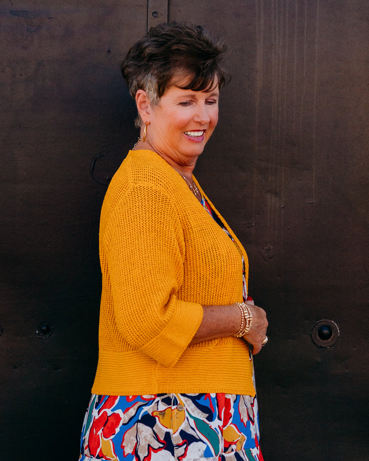 Multiples: 3/4 Sleeve Drop Shoulder Open Front Sweater Cardigan in Golden Rod (M36104KM)