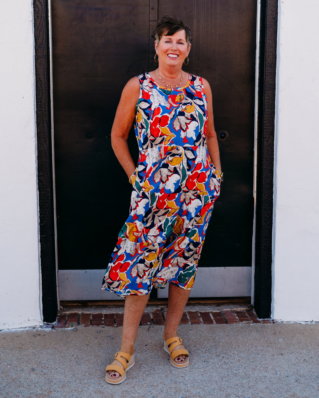 Multiples: Scoop Neck Multi-Tiered 2-Pocket Woven Tank Dress in Floral Multi (M36103DM)