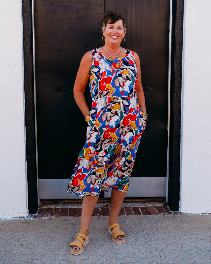 Multiples: Scoop Neck Multi-Tiered 2-Pocket Woven Tank Dress in Floral Multi (M36103DM)