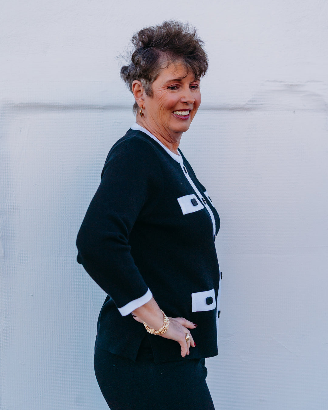 Multiples: 3/4 Sleeve Wide Neck Faux Button Front Faux Jacket Sweater Top in Black (M16105KM)