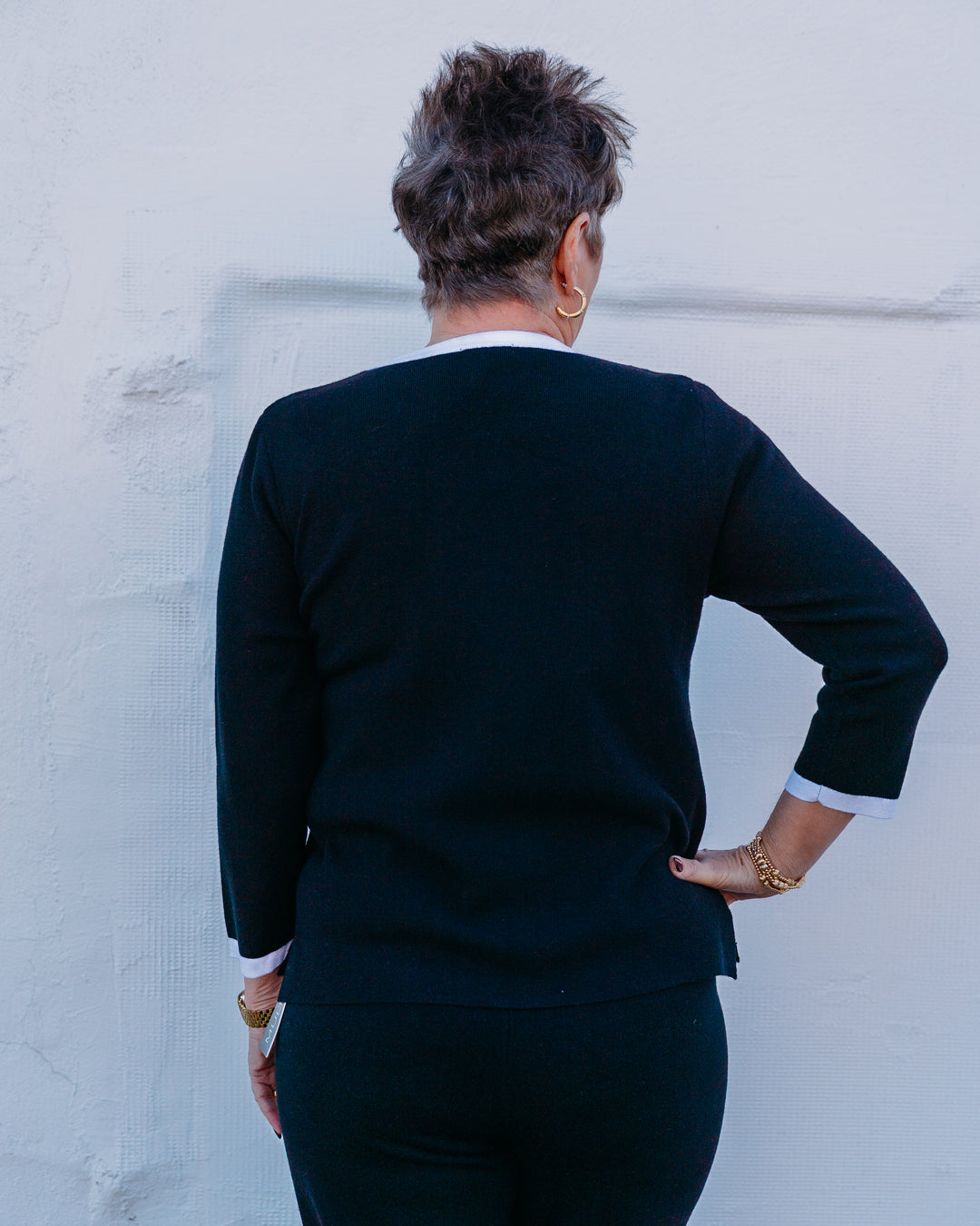 Multiples: 3/4 Sleeve Wide Neck Faux Button Front Faux Jacket Sweater Top in Black (M16105KM)