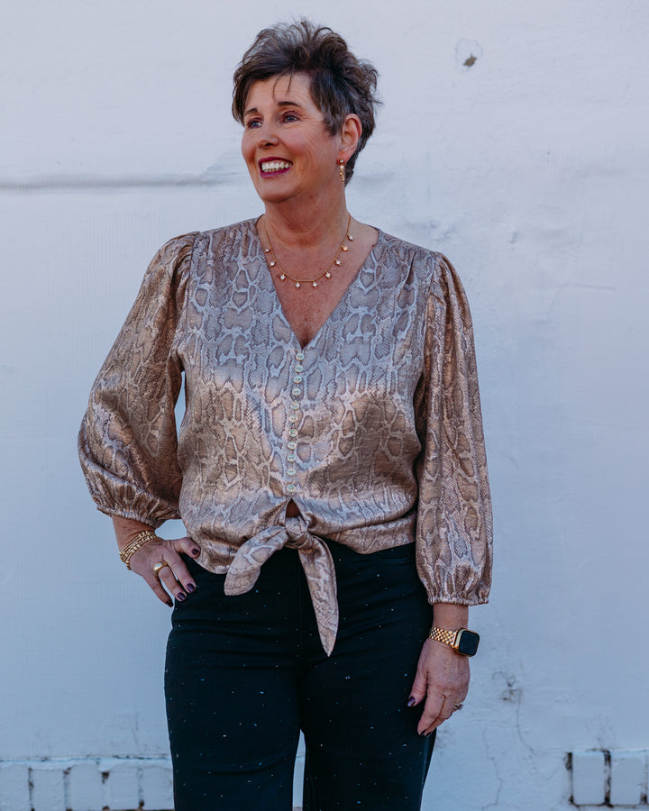 Joy Joy: Python Tie Top in Gold (75K7534)