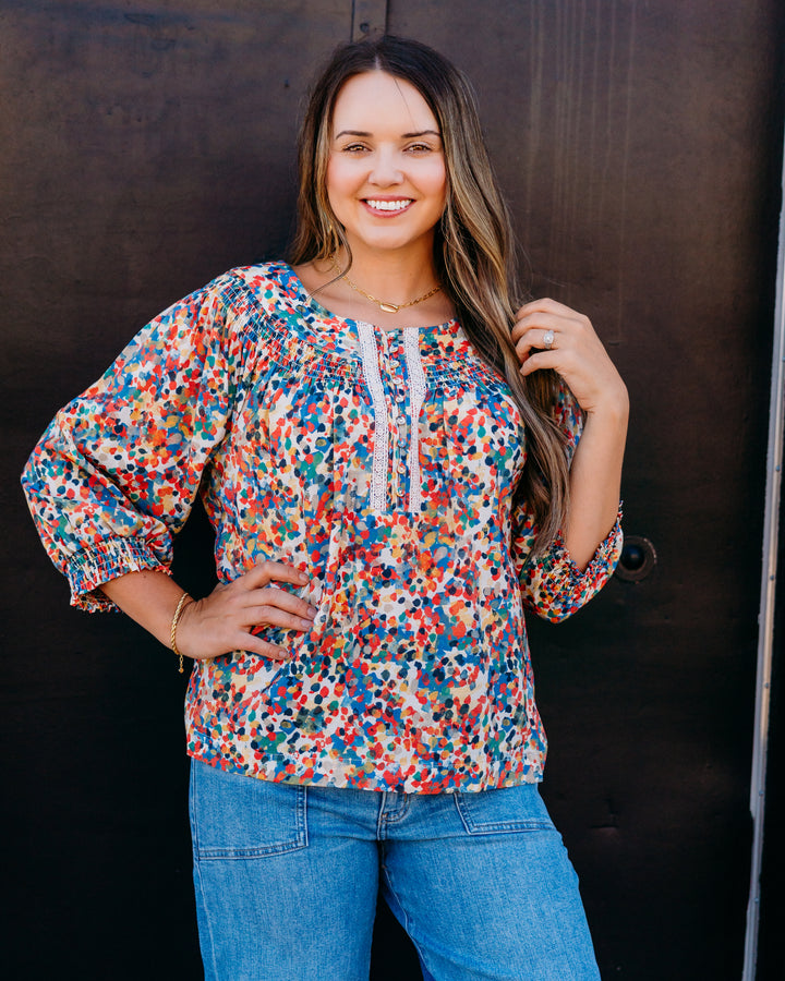 Multiples: 3/4 Puff Sleeve Raglan Button Front Shirred Neckline Woven Top (M36302TM)