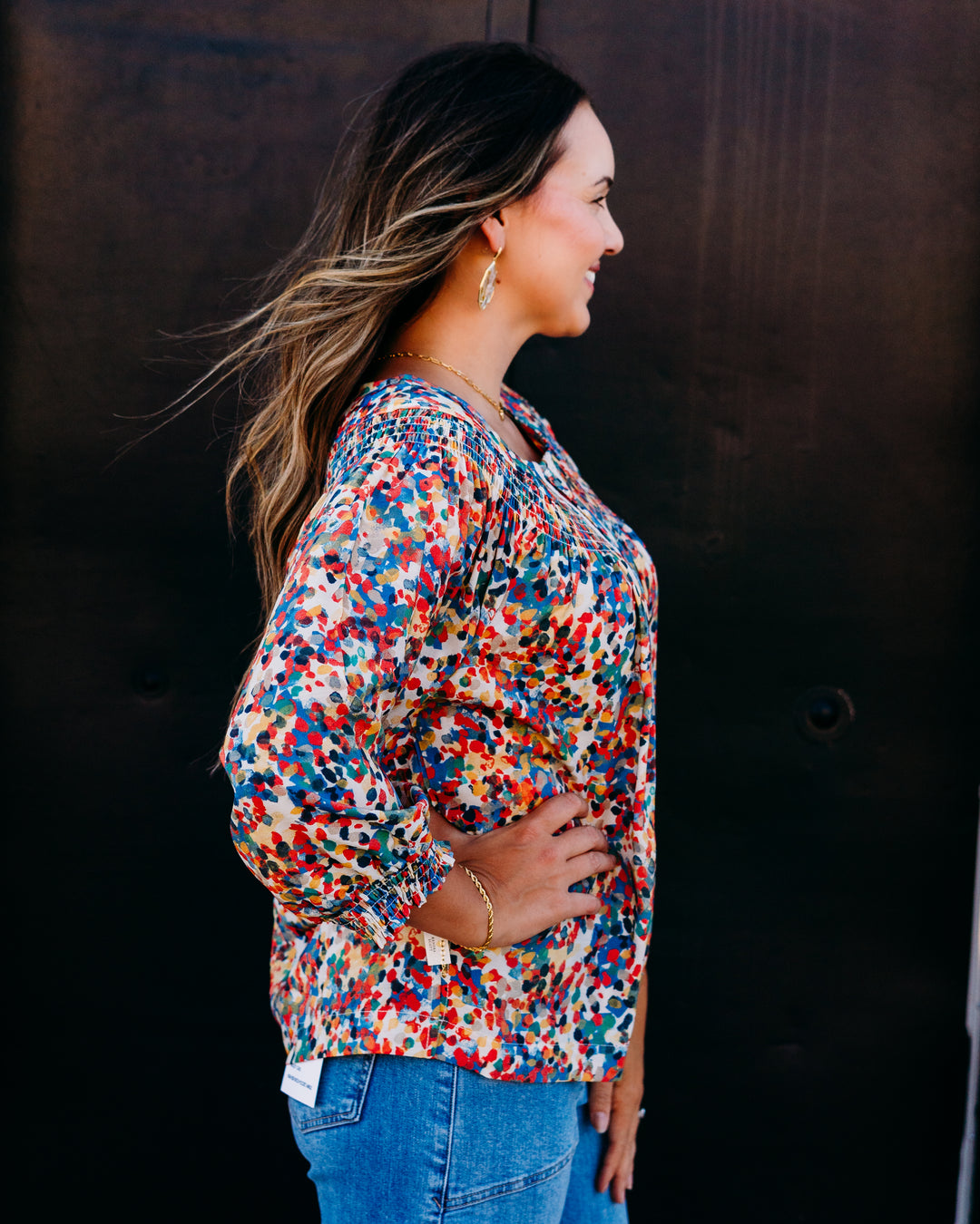 Multiples: 3/4 Puff Sleeve Raglan Button Front Shirred Neckline Woven Top (M36302TM)