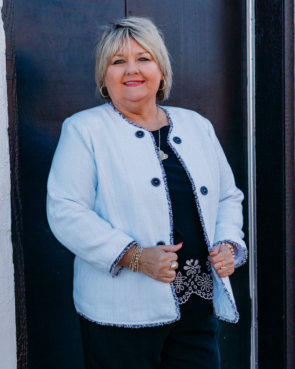 Multiples: 3/4 Sleeve Jewel Neck Double Botton Open Front Fringe Trim Lined Jacket in White (M16412JM) - The Vogue Boutique