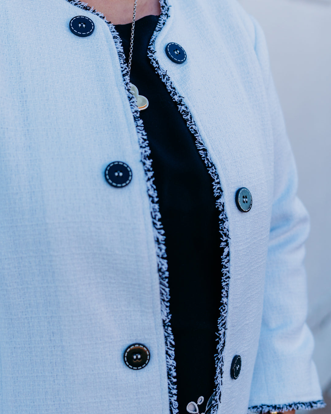 Multiples: 3/4 Sleeve Jewel Neck Double Botton Open Front Fringe Trim Lined Jacket in White (M16412JM) - The Vogue Boutique