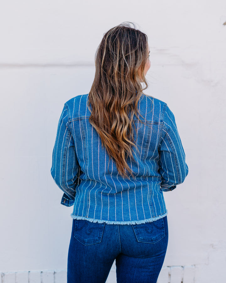 Multiples: (Chocolate Angel) Cuffed Long Sleeve Solid Denim Jacket Fringe Hem M45311JM