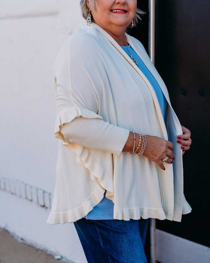 Multiples: (Chocolate Angel) Ruffle Hem Shawl Knit Cardigan in White M45112KM