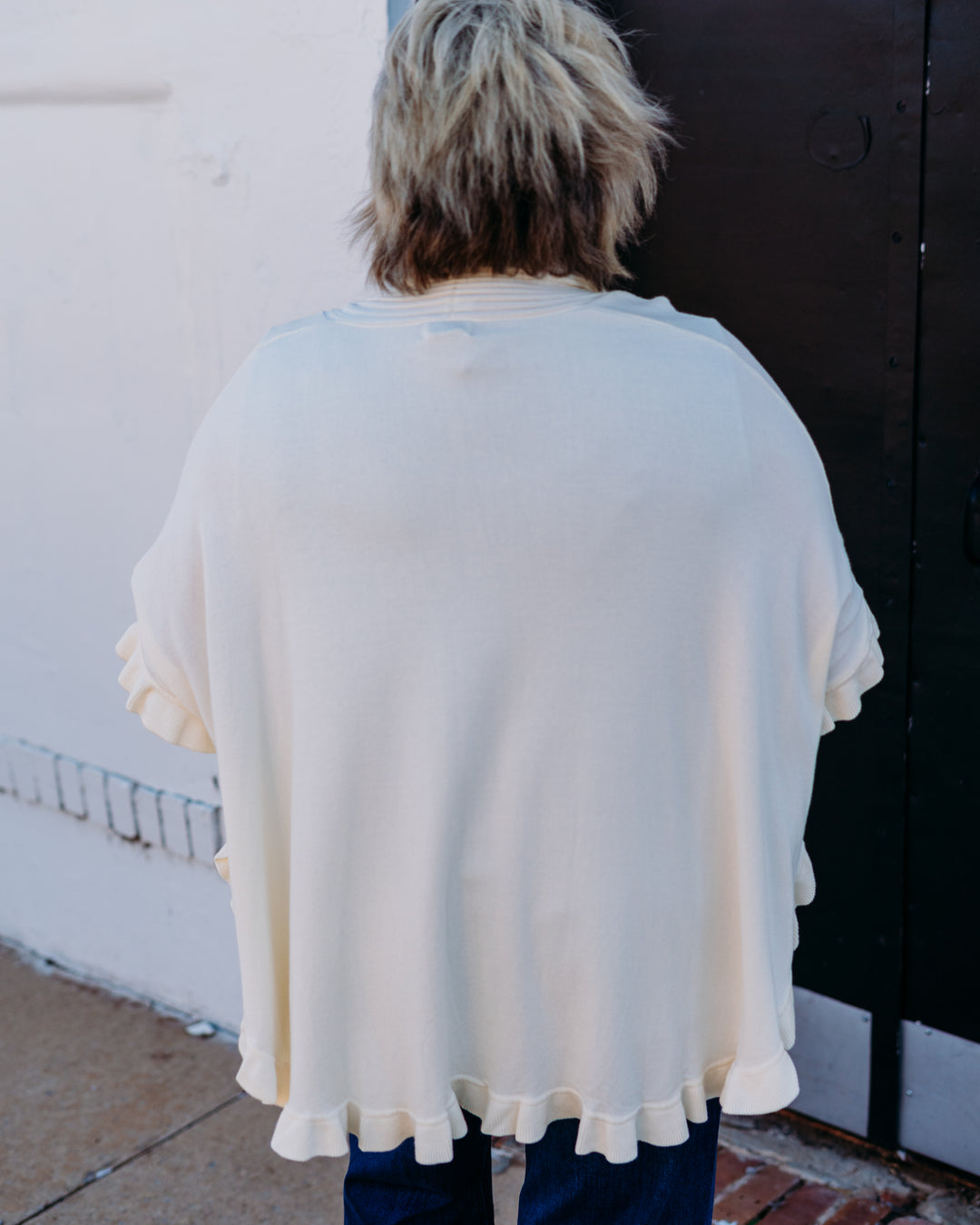 Multiples: (Chocolate Angel) Ruffle Hem Shawl Knit Cardigan in White M45112KM