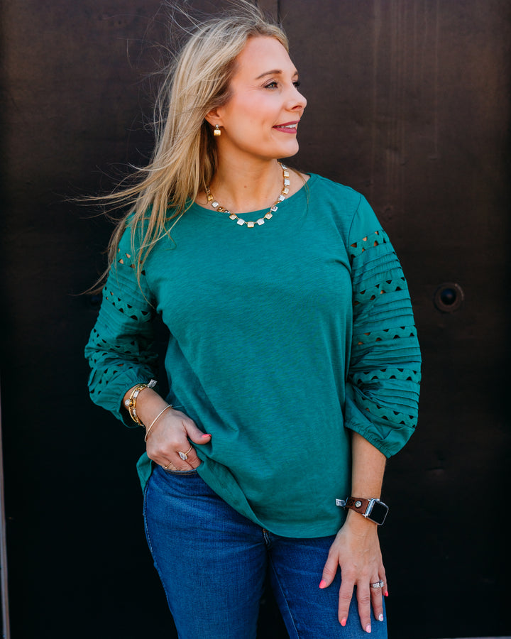 Multiples: 3/4 Multi-Tuck Sleeve Scoop Neck Woven Top W/Ric-Rac Trim in Drop Green (M36308TM)
