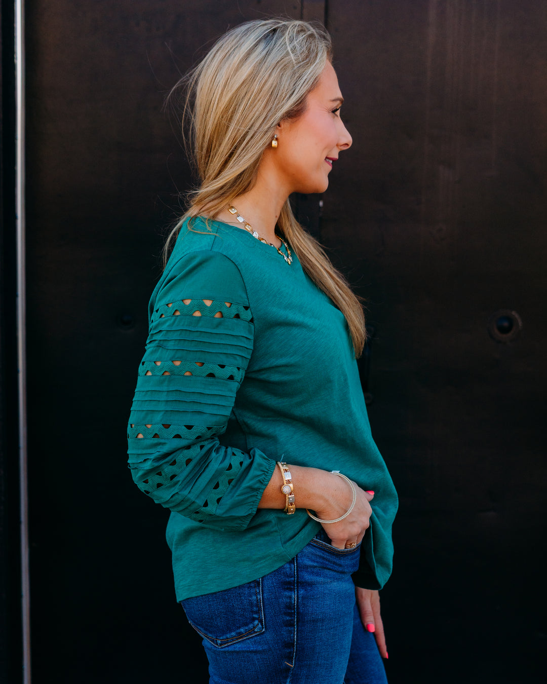 Multiples: 3/4 Multi-Tuck Sleeve Scoop Neck Woven Top W/Ric-Rac Trim in Drop Green (M36308TM)