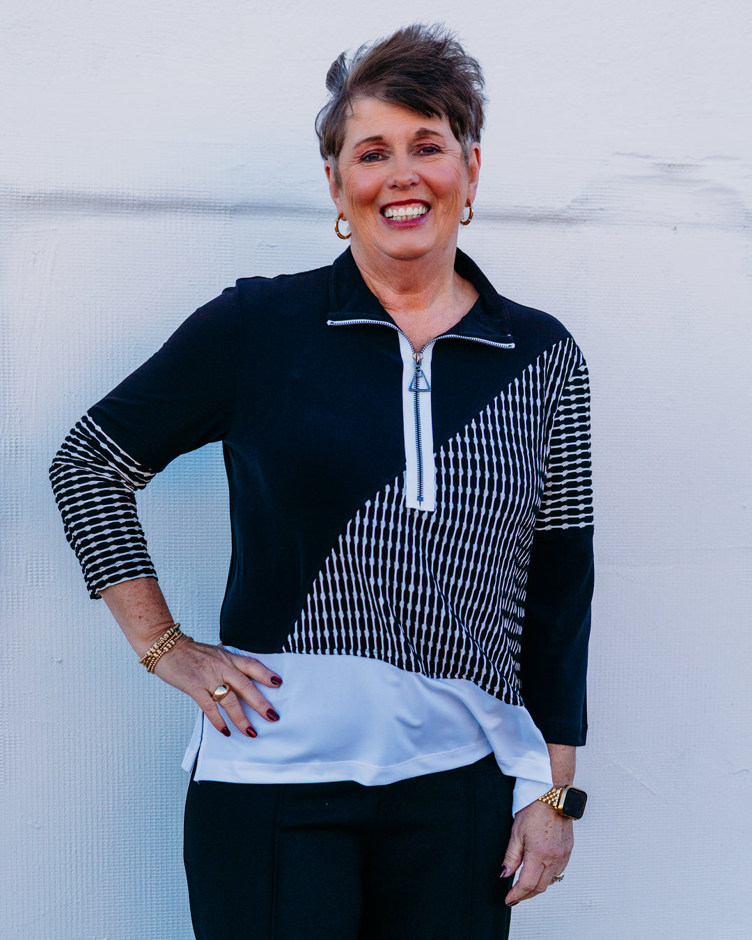 Multiples: 3/4 Sleeve Zip Thru Collar Multi-Panel Top in Multi (M16411TM) - The Vogue Boutique