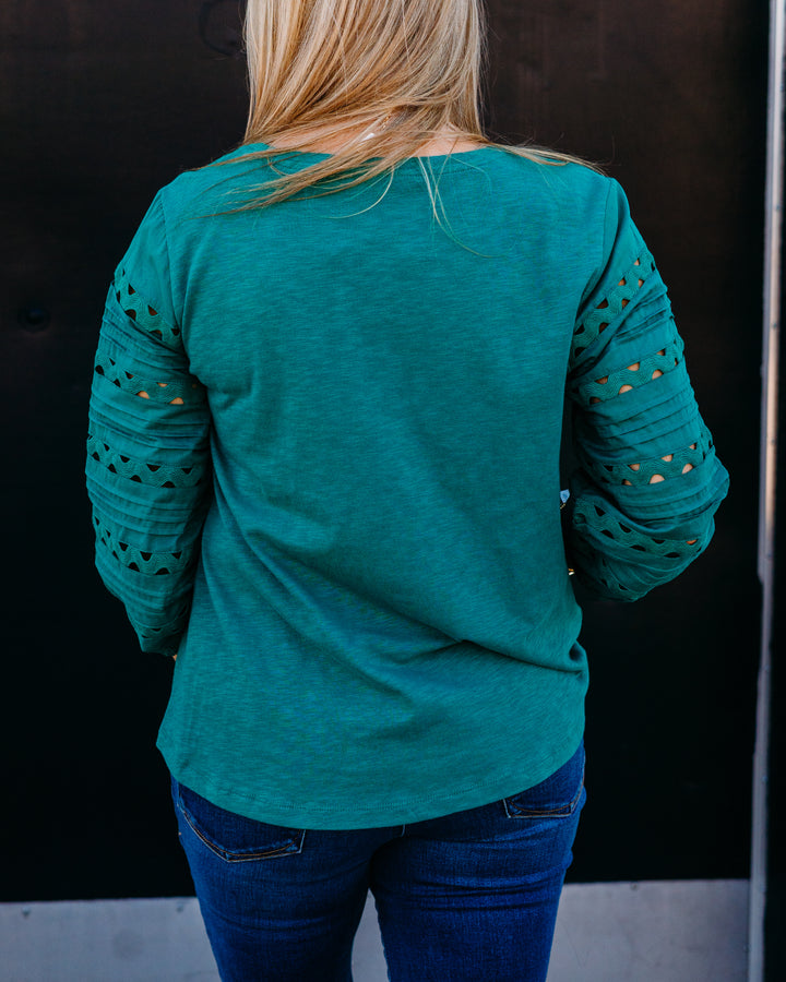 Multiples: 3/4 Multi-Tuck Sleeve Scoop Neck Woven Top W/Ric-Rac Trim in Drop Green (M36308TM)