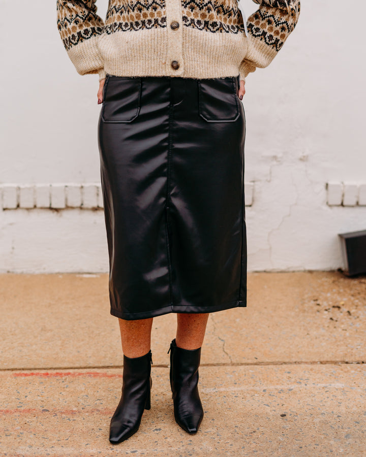 Karen Kane: Faux Leather Midi Skirt in Black 3L69900