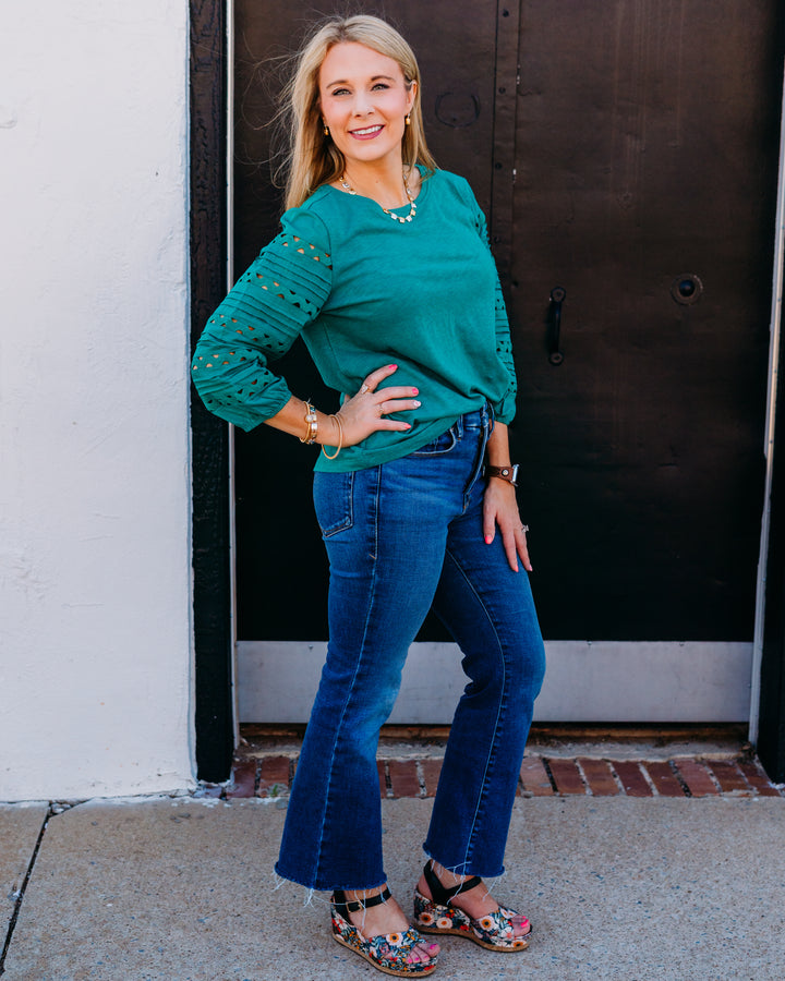 Multiples: 3/4 Multi-Tuck Sleeve Scoop Neck Woven Top W/Ric-Rac Trim in Drop Green (M36308TM)