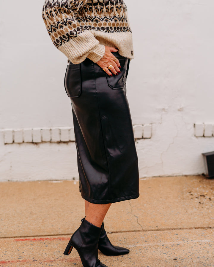 Karen Kane: Faux Leather Midi Skirt in Black 3L69900