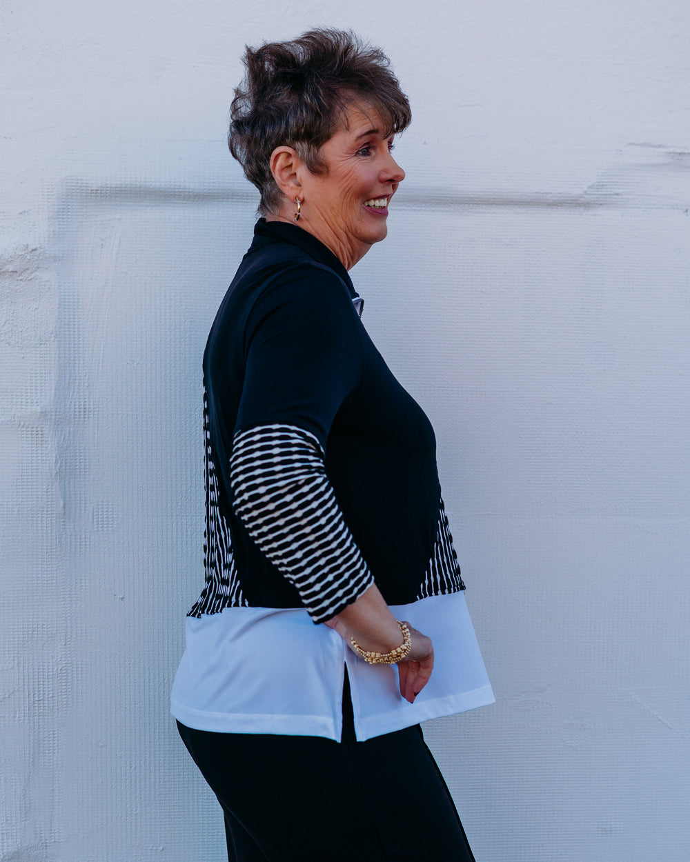 Multiples: 3/4 Sleeve Zip Thru Collar Multi-Panel Top in Multi (M16411TM) - The Vogue Boutique