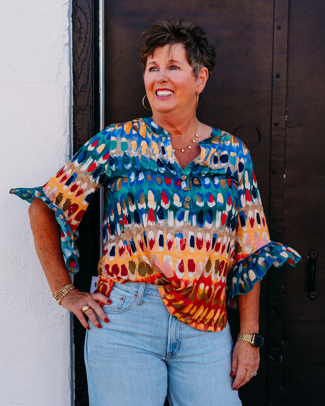 Multiples: Elbow Flounce Sleeve Band Collar Botton Plkt Front Pull Over Knit Top in Multi (M36310TM)