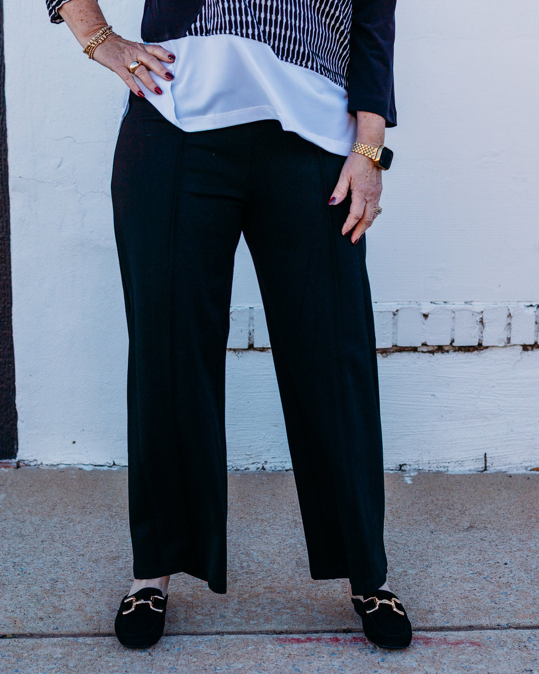 Multiples: Pull Over Elastic Waist Pintuck Front Wide Leg Crop Pant in Black (M35705PM) - The Vogue Boutique