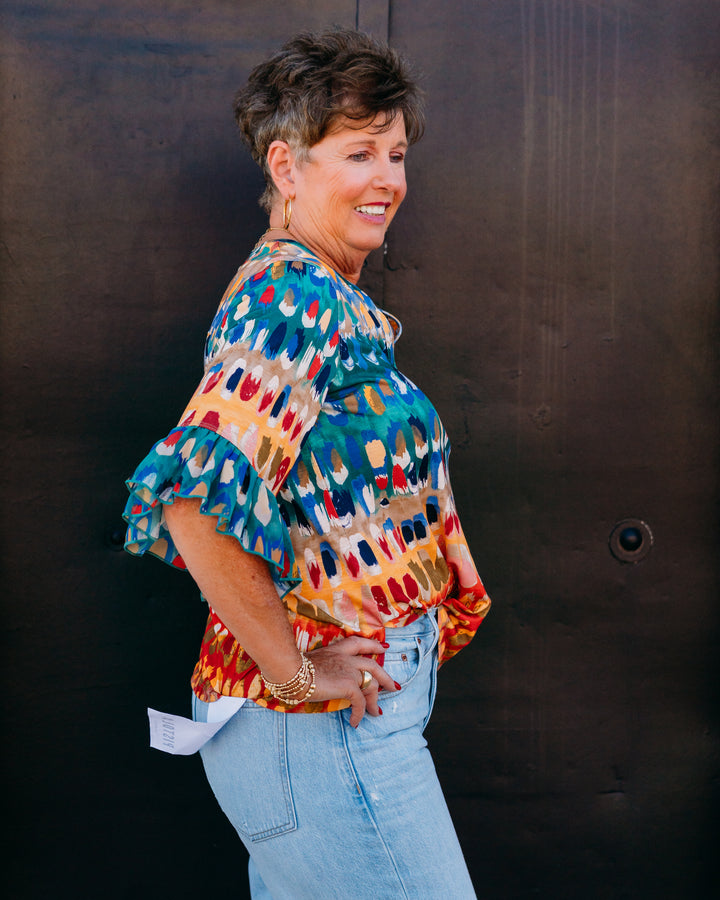 Multiples: Elbow Flounce Sleeve Band Collar Botton Plkt Front Pull Over Knit Top in Multi (M36310TM)