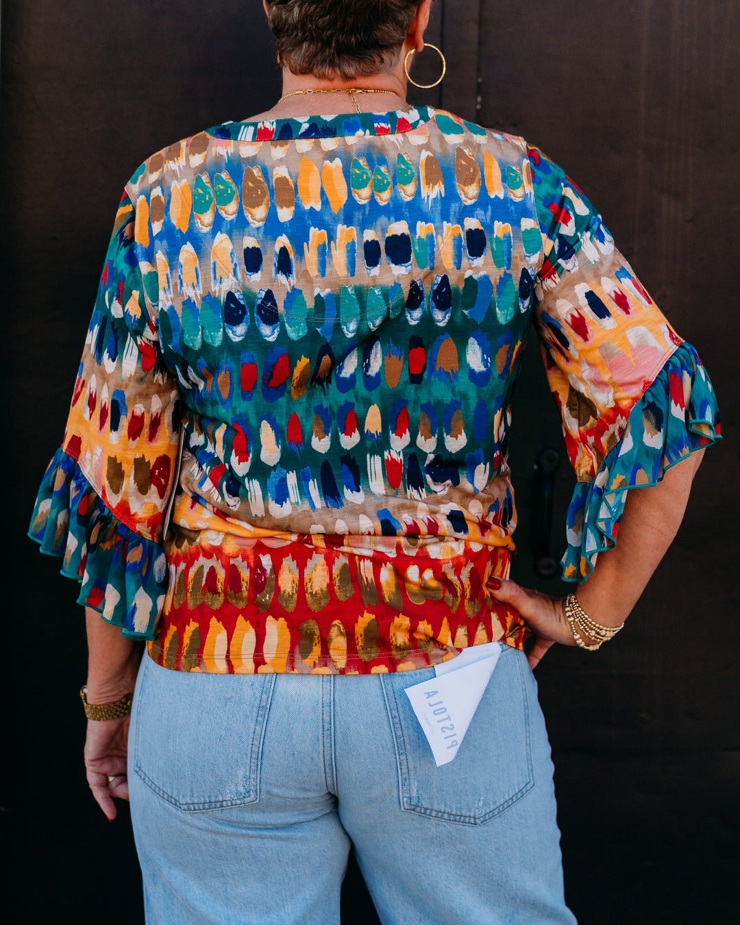 Multiples: Elbow Flounce Sleeve Band Collar Botton Plkt Front Pull Over Knit Top in Multi (M36310TM)