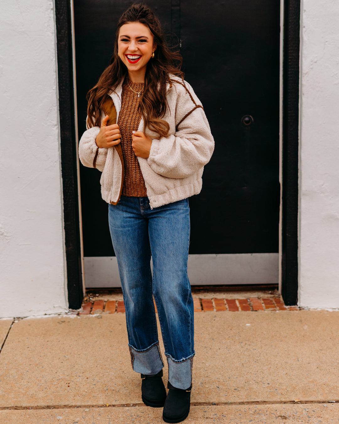 Elan: Off White Fur Jacket Brown Trim
